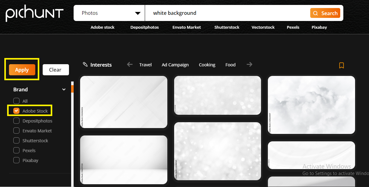 Apply brand filter for more precise search of “White Background” photos on Pichunt.